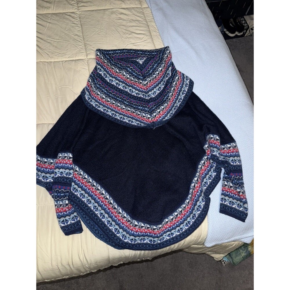 Women Cowl Neck Oversized Poncho Sweater Navy Blue Light Blue Tribal Design OS